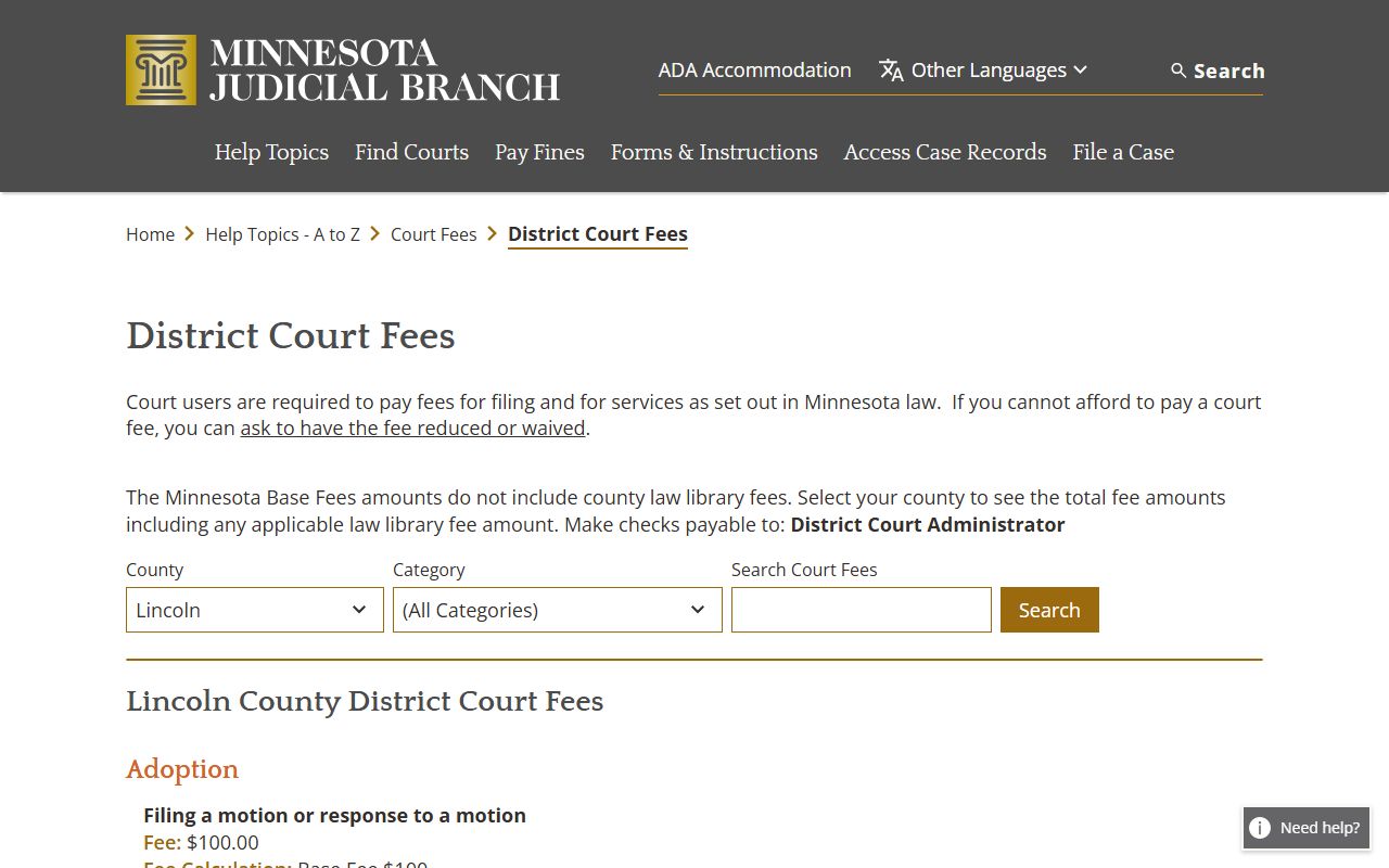 Lincoln County Court Administrator records fee schedule